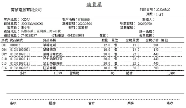 全能ERP銷貨單列印範例，顯示客戶、送貨地址、商品、數量、售價與銷貨金額