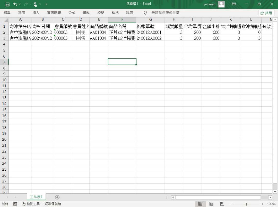 數位影像門市底片寄沖掃與取沖掃數量 Excel 明細